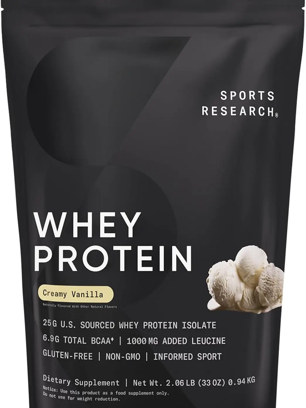 Sports Research Whey Protein Isolate - 25g per Serving of US Grass Fed Whey + BCAA's - Grass Fed, Gluten-Free, Non-GMO - 2.1lb Bag Bulk Protein Powder