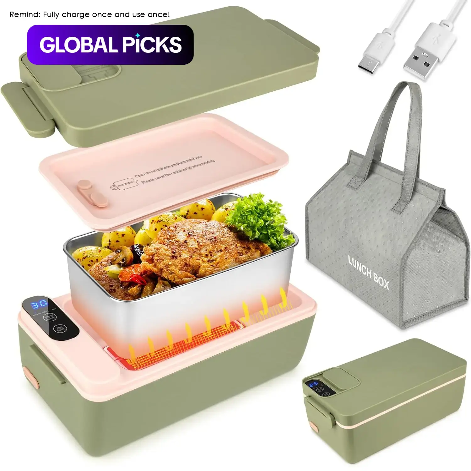 Portable Electric Lunch Box, Rechargeable Insulated Food Heater with LCD Digital Display, Heated Lunchbox, Heated Meal Prep Container for Car, Truck, Work, Home & Travel, Great Gift #GLOBAL PICKS