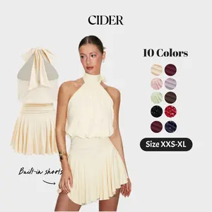 Cider Stand Collar Sleeveless A-Line Built-in Shorts Mini Dress with Scarf SummerWins Dealsforyou