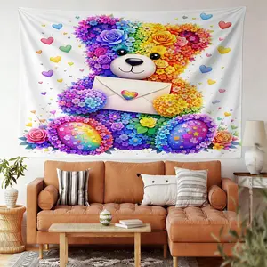 Whimsical Teddy Bear Flower Tapestry, Colorful Digital Print Wall Hanging, Vibrant Home Decor, Cheerful Nursery Wall Tapestry, Perfect for Kids' Rooms, Birthday or Celebration Wall Art