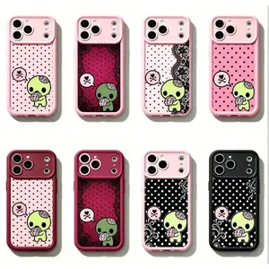 Y2k Kawaii Emo Zombie Phone Case| Pink Black Polka Dot Skull Pattern Protective Cover, Soft Durable TPU Cover with Lens Protection.Compatible with iPhone 11-17 Pro Max & Samsung , Cute stylish aesthetic design, perfect gift ideas for her & him.