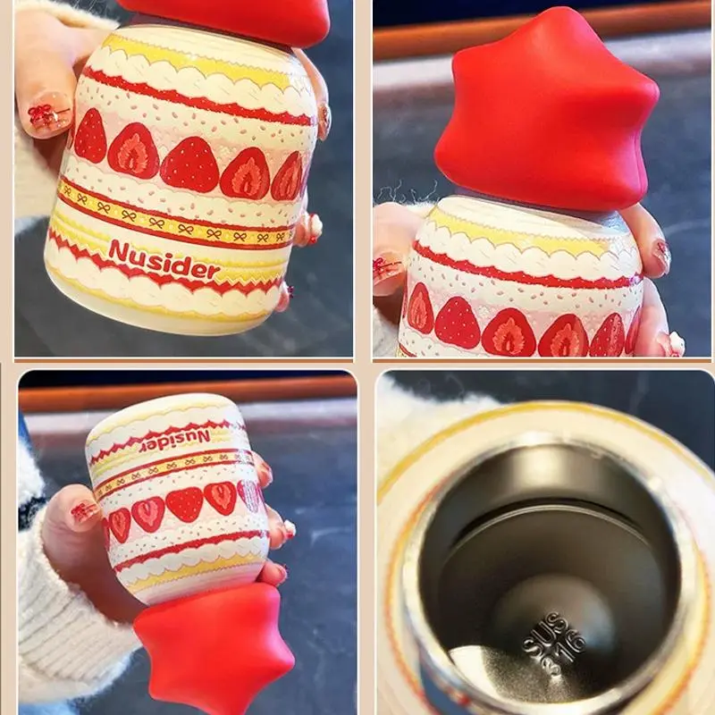Kawaii Strawberry Thermos Bottle 300ml Mini Cute Star Tumbler Cup For Hot Cold Tea Juice Matcha Stainless Steel Thermal Bottle