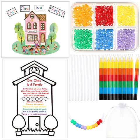 24Sets Back to School DIY Making Kit Include Our Class Is a Family Greeting Cards Bead Bracelets Stackable Crayons with Bags Gift for Pre-K Kindergarten Elementary School Students First Day of School Gift for Class Community Classroom Reward Party Favors