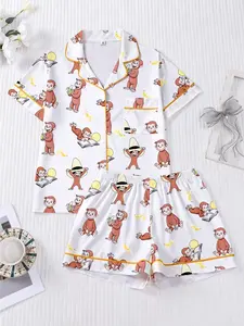 Women's Sleepwear Set, Cherry and Monkey Print Pajamas, Comfortable Collared Top and Shorts, Casual Short Sleeve Loungewear Pyjamas Pjs, Casual Comfy Pajama