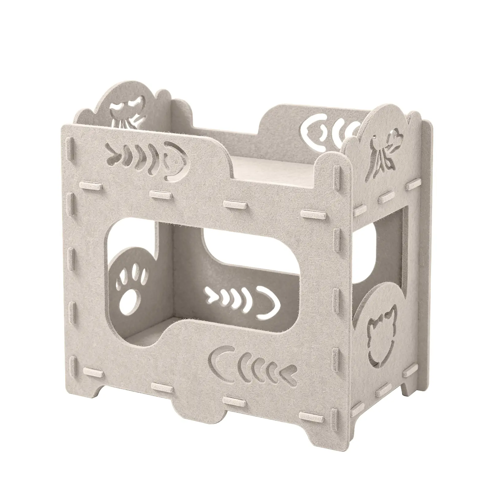 Double Layer Detachable Splicing Felt Cat Bunk Villa Cute Fish Bone Paw Print Hollow Cutout Design Breathable Washable Anti-Scratch Large Space Indoor Double Deck Pet Cat Condo Shelter Bed For Kittens Adult Cats