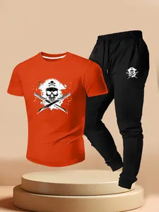 American Vintage Pirate Skull Twin Knife Print Short Sleeve T-Shirt & Sport Pants, Summer Pirate Style, Men's Casual Wear