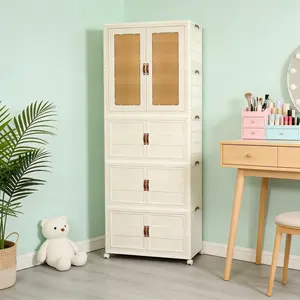 Aesthetic Foldable Storage Cabinet with Wheels – Stackable Organizer Bins with Magnetic Doors for Bedroom, Closet & Dorm