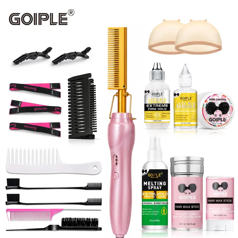 Goiple Plug-Powered Electric Hot Comb Straightener Set - Titanium Comb Hair Tool, Wig Install Multi-Pack, No Chemical Lace Front Wig Care Appliance for Silky Straight Results & All Hair Types