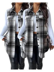 【plus size】 plaid print button front vest, casual sleeveless collared outerwear for fall & winter, women's clothes for daily wear