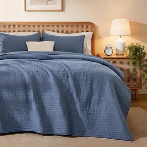 Cotton Quilt Set, 100% Cotton Fabric Striped Textured Coverlet with Crinkled Look, Lightweight Quilted Bedspread for All Season, Includes  Pillow Shams, Lightweight, Cotton Fabric, Soft, Breathable