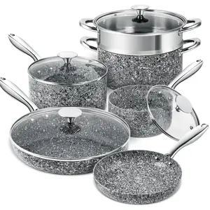 MICHELANGELO New Stone Cookware Set 10 Piece, Ultra Nonstick Pots and Pans Set with Stone-Derived Coating for Kitchen, Granite - 10 Piece