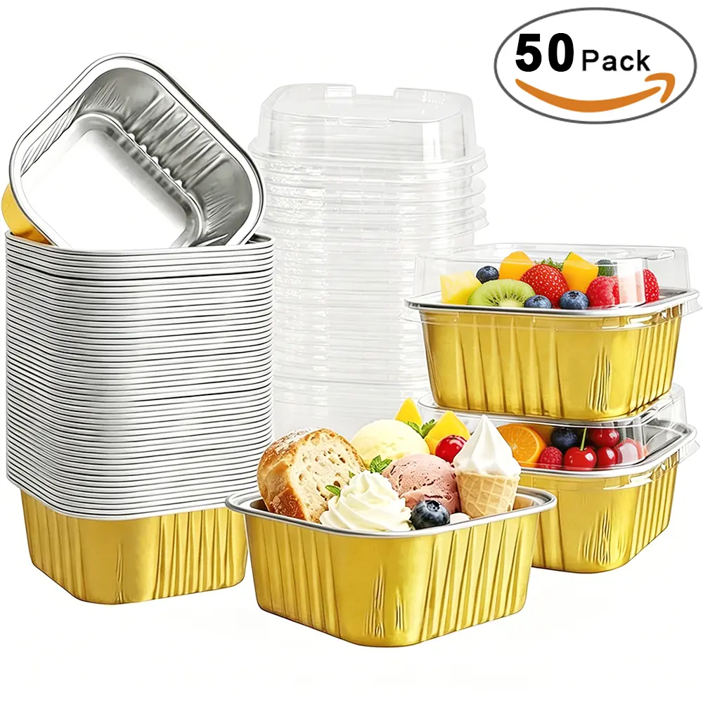 Pack of 50 Mini Square Baking Cups with Lids, 5oz Aluminum Foil Mini Cake Pans with Lids,Disposable Cake Pans,150ml Dessert Cups Cupcake Pans for Wedding Birthday Party