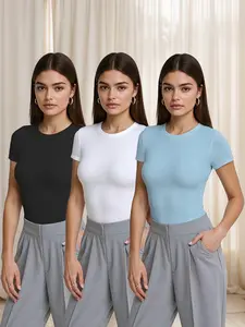 Women's Casual Fitted Plain Color T-Shirt Set, Elastic Polyester Fabric, Round Neck Short Sleeve, Summer Leisure Wear