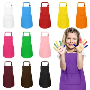 12 Pack Kids Aprons Bulk with 2 Pockets Adjustable Chef Art Apron Kids Painting Aprons for Cooking Baking Crafting Grilling for Boys Girls Age 6-13 Years