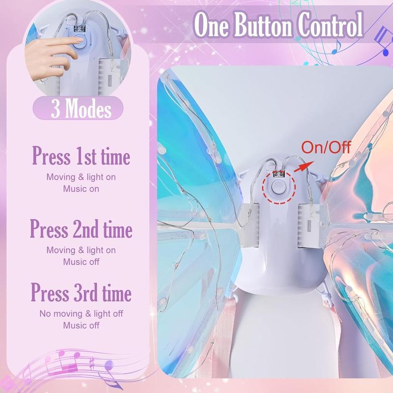 LED Light-Up Fairy Wings for Girls | Moving Butterfly Wings with Music & Lights | Adjustable Costume Accessory for Halloween, Birthday, Christmas & Cosplay | Perfect Princess Dress-Up Gift for Teens & Kids