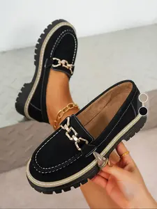 Women's Loafers - Slip On Shoe 2025 Autumn New Style with Metal Chain, Flat & Thick Flatform Sole, Casual Design, Chain Decorated Loafers