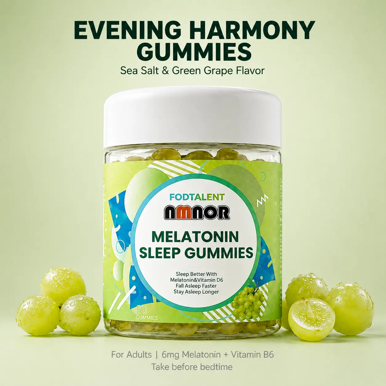 NMNOR Clean Deep Sleep Gummies - Sea Salt Green Grape & Mixed Berry Flavors, 60 Pieces (30-Day Supply) Chewable Daily Vitamin Dietary Supplement for Insomnia Relief, Chewable Supplement, Daily Supplement