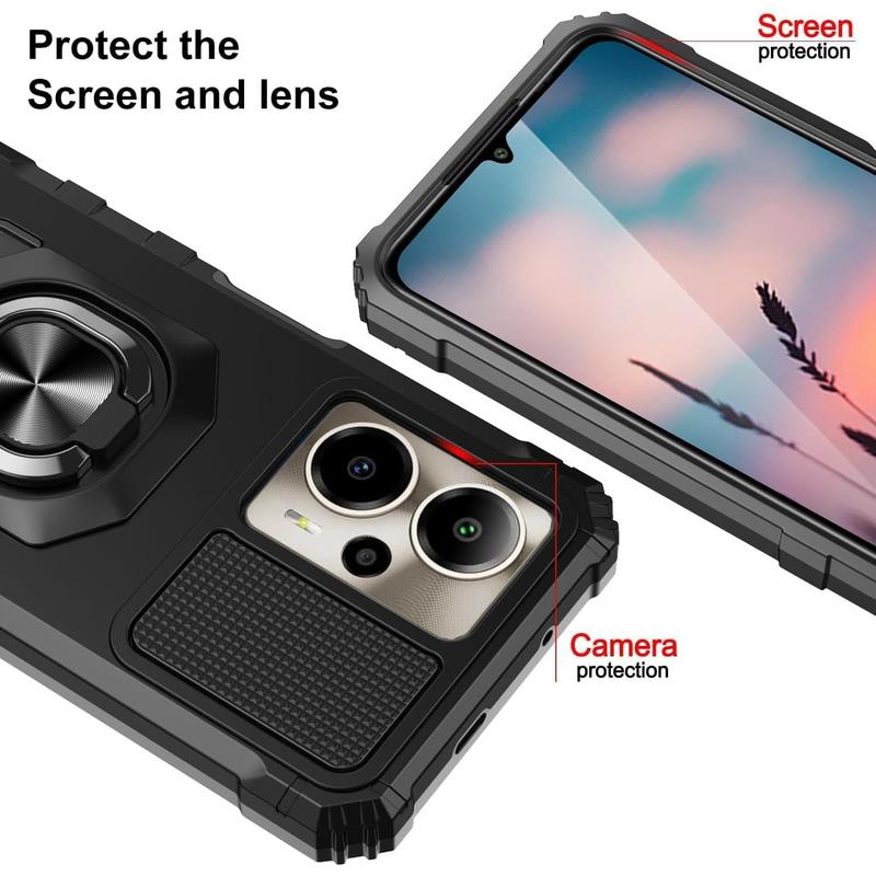 Compatible with Cricket Outlast 5G 2024 Case, AT&T Motivate Pro 5G Case, with Tempered Glass Screen Protector, Metal Ring  Support Kickstand Heavy Duty Drop Protection Phone Case (Black)