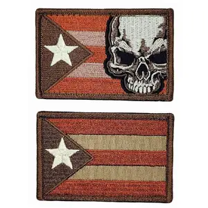 Puerto Rico Flag Skull Embroidered Patch [2PC Bundle -3.0 X 2.0 -Hook Fastener -PR1,PRY1]