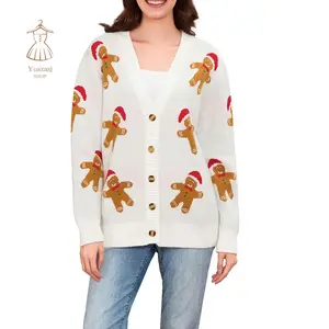 Women's Christmas Cardigan Gingerbread Man Pattern Button-front Long Sleeve V-Neck Ribbed Knitted Sweaters
