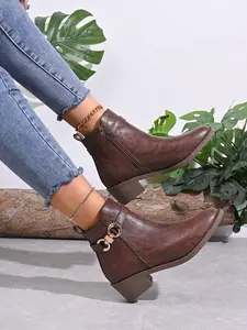 Women's New Fashion Comfortable Spring Autumn PU Leather Pointed Toe Short Boots, Stylish Decorative Buckle Side Zipper Booties, Boot Heels