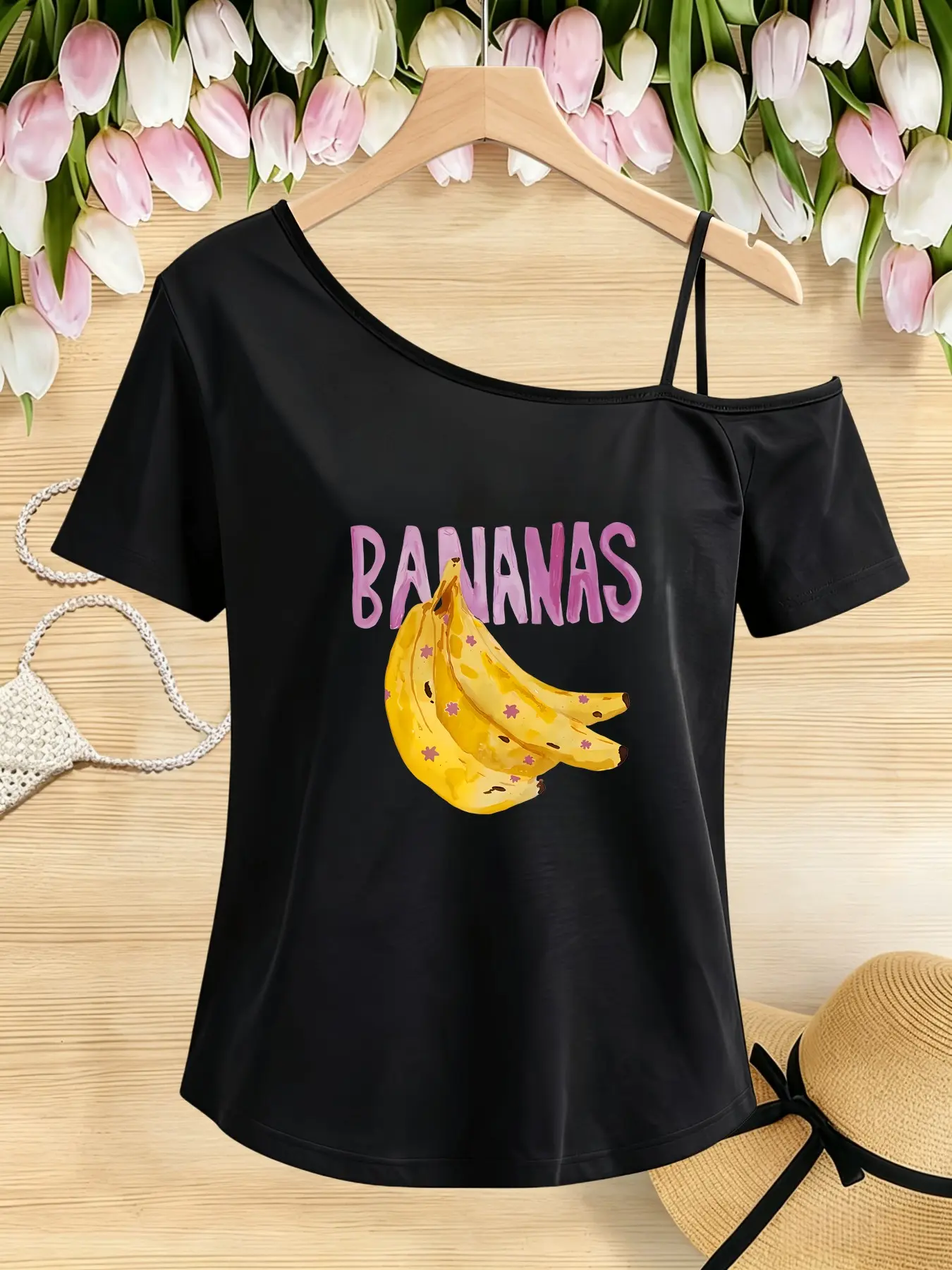 Fun Banana Print Asymmetrical Shoulder T-Shirt, Strappy Off-Shoulder Design, Summer Energy, Fashionable Women's Clothing
