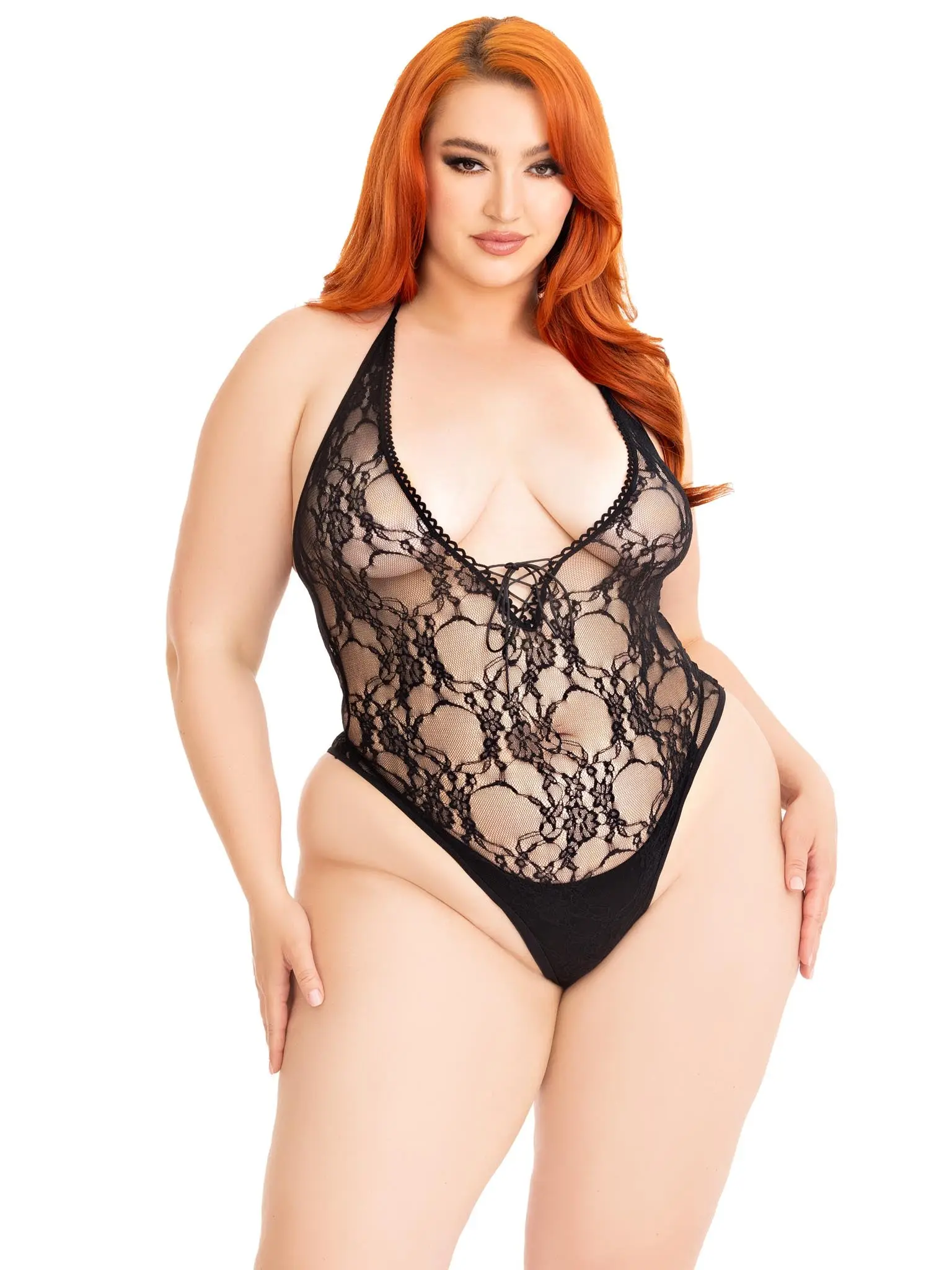 Women's Plus Size Floral Lace Teddy Bodysuit - Sexy Halter Neck, Lace-Up Front, Curve-Hugging, Cheeky Back, Semi-Sheer Breathable Fabric, Thigh Highs, Hand Wash Only Lingerie