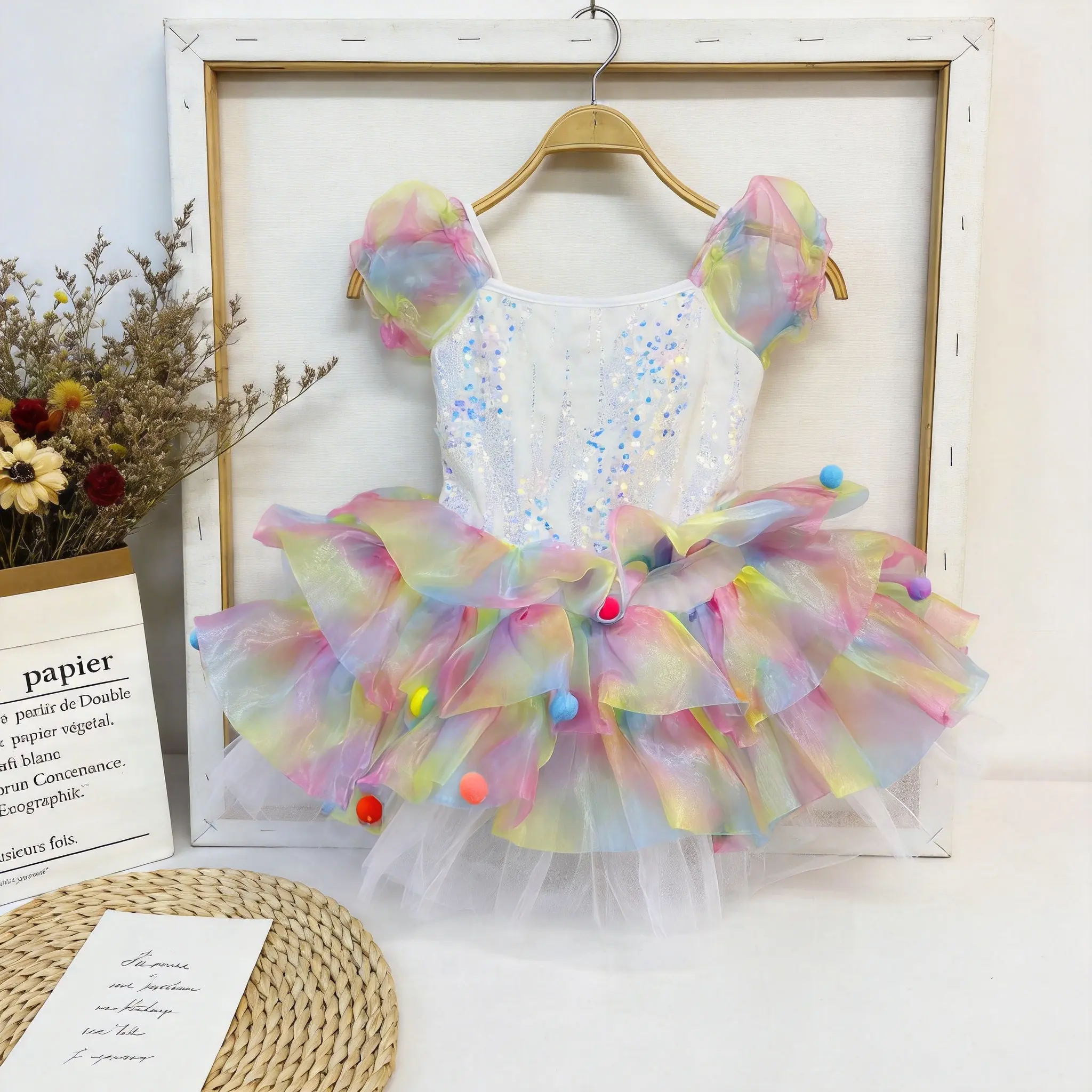 Rainbow Tutu Dress for Girls Sparkly Sequin Bodice with Colorful Pom Poms Pastel Tulle Party BirthdayPrincess Costume