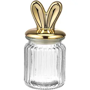 Glass Bunny Jar for Easter Candy, Cookie Container with Ears Lid for Spring Party Table Decor, 6.1x3.1in