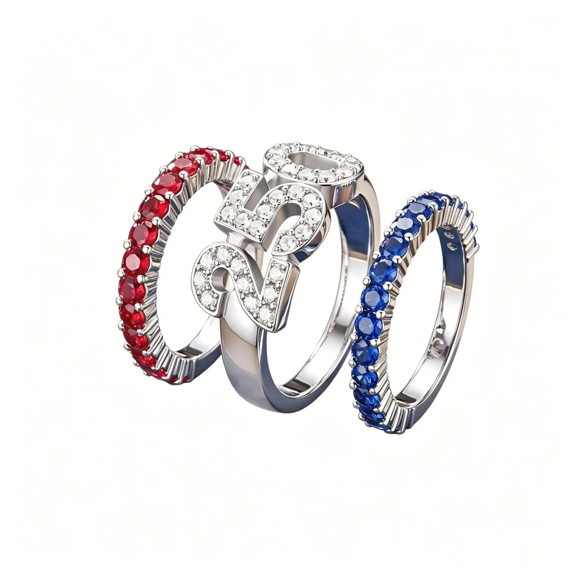 UURirl 250th Anniversary Patriotic Ring Set for Women Men, Red Blue Cubic Zirconia Stacking Rings, Sparkly 250 Number Ring, Hypoallergenic Fashion Jewelry, USA Independence Day Gift, Sizes 6-11