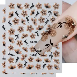 2pc 3D Black Gold Glitter Flower Nail Decal Shiny Petals Leaves Nail Art Sticker Watercolor Daisy Floral Adhesive Manicure Decor