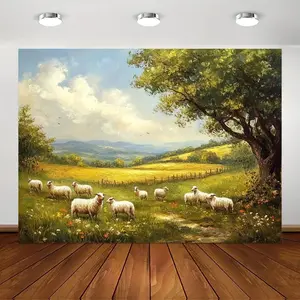2D Flat Banner Polyester Photography Backdrop, HD Digitally Printed Pastoral Landscape Sheep Field Scene, Soft Lightweight Foldable Background Cloth for Portraits, Product Photography, Video Studio, Party Decor, and Photo Booth Ev