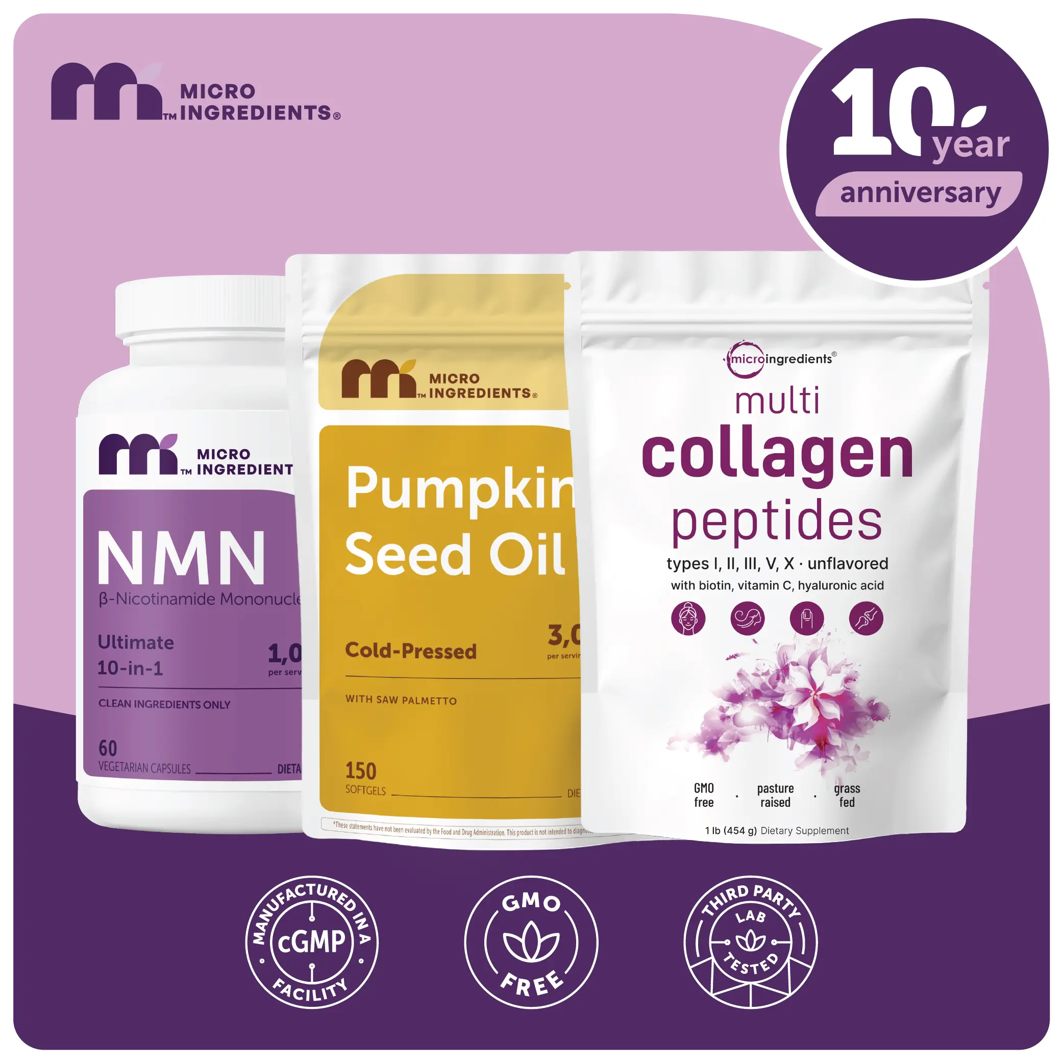 Hero Products Bundle: Pumpkin Seed Oil with Saw Palmetto, NMN Complex, Multi Collagen Peptides