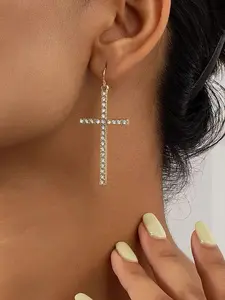 Fashion Cross Charm Decorated Dangle Earrings, Rhinestone Decor Earrings for Women, Trendy All-match & Exquisite Jewelry for Birthday Gift, Dainty Fashion Jewelry