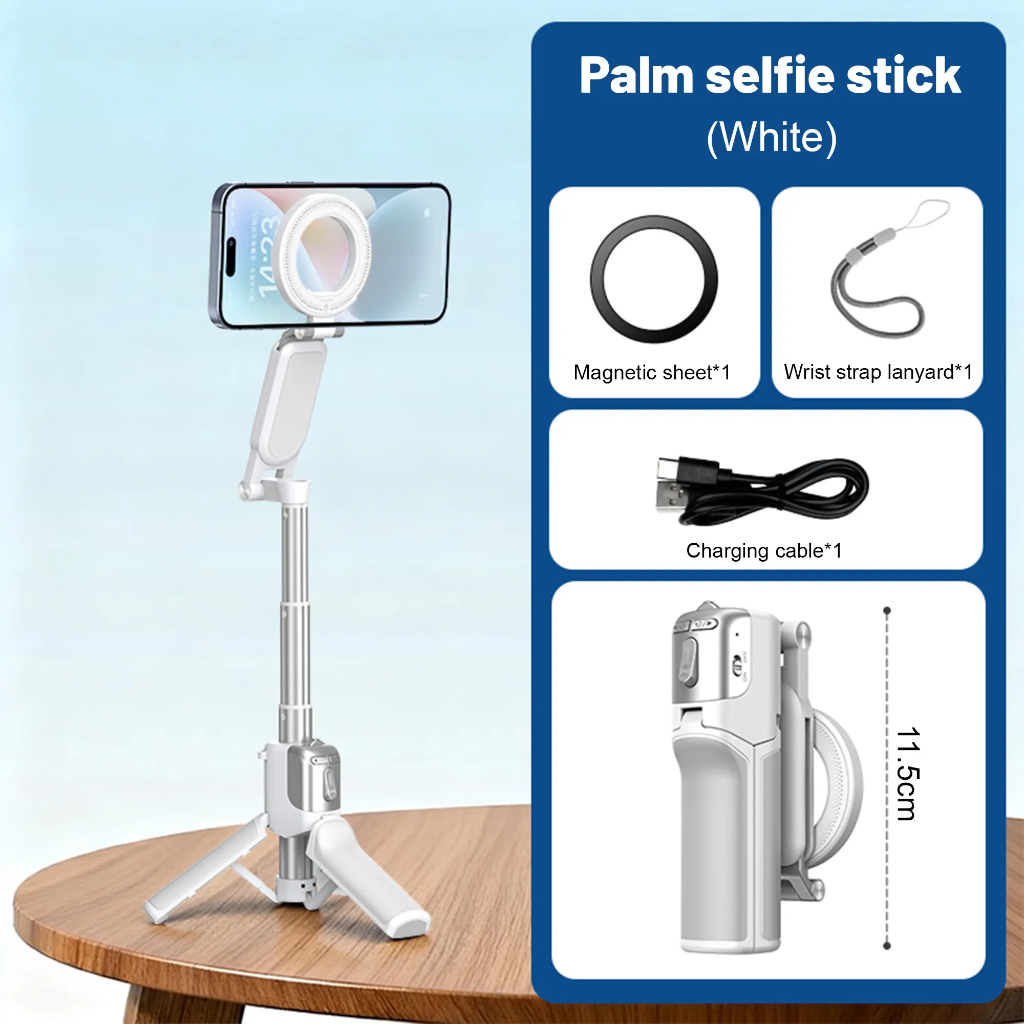 4-in-1 Magnetic Phone Stand: Selfie Stick + Tripod + Fill Light + Zoom Remote. Folds to 11.5cm, 175g. Magnetic mount, horizontal/vertical. Perfect for vlogging! with Adjustable