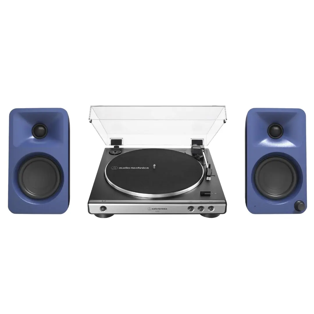 Kanto ORAME 100W Powered Reference Desktop Computer Stereo Speakers (Indigo) with Amplifier, Bluetooth, USB Type-C, User-Friendly Controls, 3" Paper Cone Woofers & 60X-GM Fully Automatic Belt-Drive Vinyl Turntable Bundle