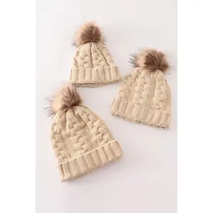 Beige pompom  cable beanie hat