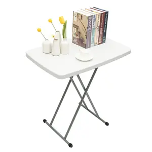 Adjustable Height Expandable Folding Side Table with 8 Grooves, 30.3x19.68 in HDPE Desktop, Steel Frame, 110 lbs Load Capacity, Easy-Clean Foldable TV Tray for Home Office, Camping, Expandable Table