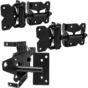 Self Locking Gate Latch and Gate Hinges Set Heavy Duty Hardware Hinges for Vinyl and Wood Fence with Installation Screws and Swing Adjuster Tool 1 Gate Latch 2 Gate Hinge