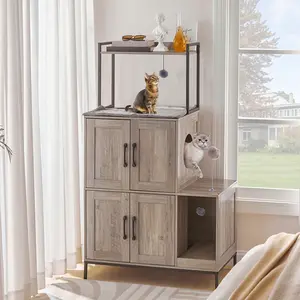 HOOBRO 2 in 1 Hidden Litter Box Furniture with Shelf, Double Litter Box Cabinet with 2 Dangling Plush Balls and 1 Toy Ball, Greige and Black Cat Litter Box Enclosure Furniture