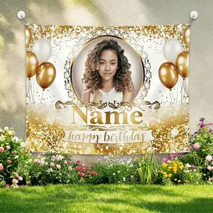 2D Flat Banner 1pc, Party Banner] Customized Golden Glitter Balloons Personalized Decorations Banner Customizable Birthday Anniversary Backdrop Custom for Living Room Bedroom Home Indoor