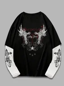 Vintage Y2K Streetwear Faux Two-Piece Long Sleeve Shirt - Star & Cross Graphic Heavy Print Distressed Tee - Harajuku Gothic Vibe Top for Concerts, Parties & Photoshoots - Premium Breathable Layered Aesthetic Top