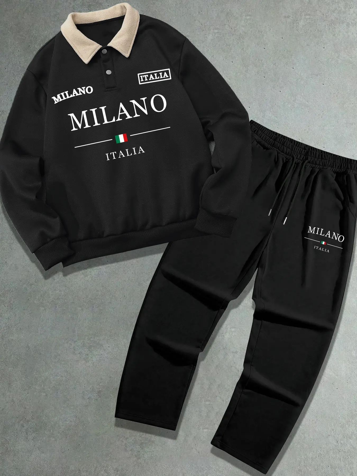 Men's Polo Collar Set, Autumn Winter Letter Print Fleece Pullover Hoodie + Drawstring Casual Sporty Straight Leg Pants, 2 Pieces Pack