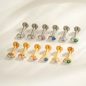 Threadless Flat Back Labret  Stainless Steel Push Pin CZ  Earring, 8mm Post for Cartilage Tragus Helix Conch Lip Stud