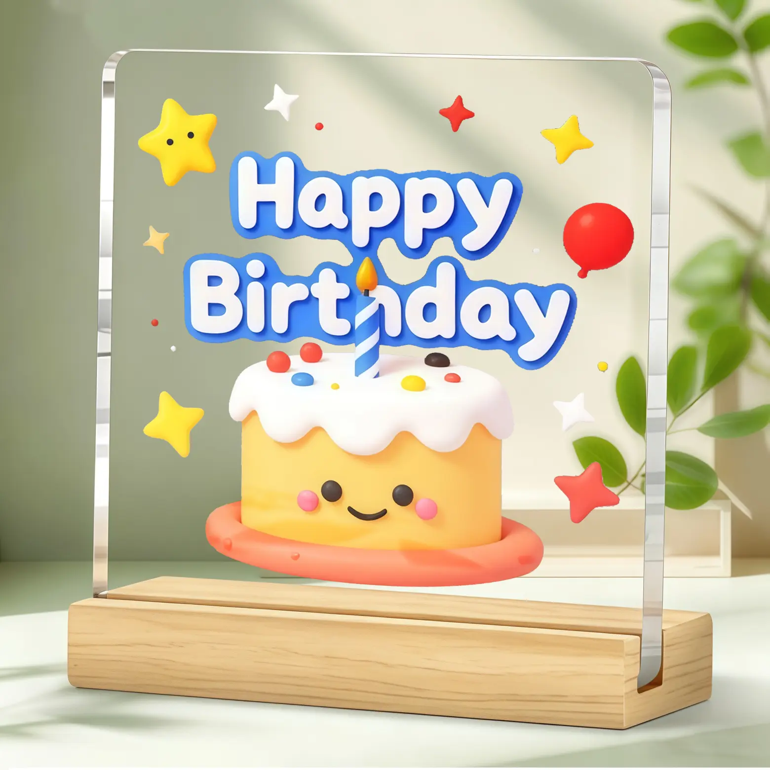 2D Cartoon Happy Birthday Acrylic Tabletop Plaque With Wooden Stand, Flat Cute Birthday Cake Star Balloon Decor Sign, Desktop & Birthday Party Table Ornament, Birthday Gift For Friends And Family Members