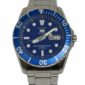 Seiko 5 Sports Automatic SNZF13K1 Men's Watch Silver Stainless Steel Strap Blue Dial Water 100M Resist 23 Jewels