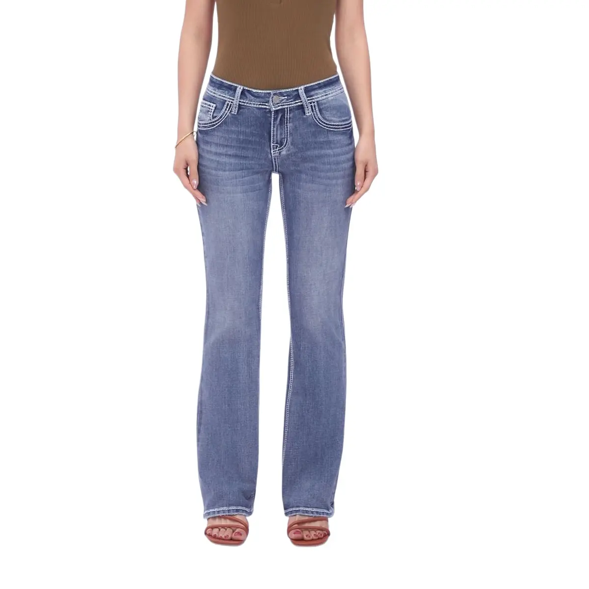 Women's Low-Rise Basic Denim Pants - Fitted Cotton Retro H-Type Stretch Bootcut Bottoms with Flap Pockets, Zip Closure