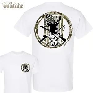 Outdoorsman T-Shirt - Deer , Fish , Knife And Rifle Graphic With Camouflage USA Flag Circle , For Hunting And Fishing Fans , Patriotic Outdoor Wear , Unisex Tee , Lightweight , Casual Style Crewneck Menswear Cotton