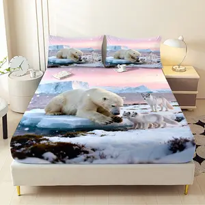 3pcs Polar Bear Fitted Sheet Set All Seasons Decorative Mattress Cover Animal Mattress Protector Boho Bedding Set Bedroom Decor for Home Guest Room Decor 1 Fitted Sheet+2 Pillowcases Without Core