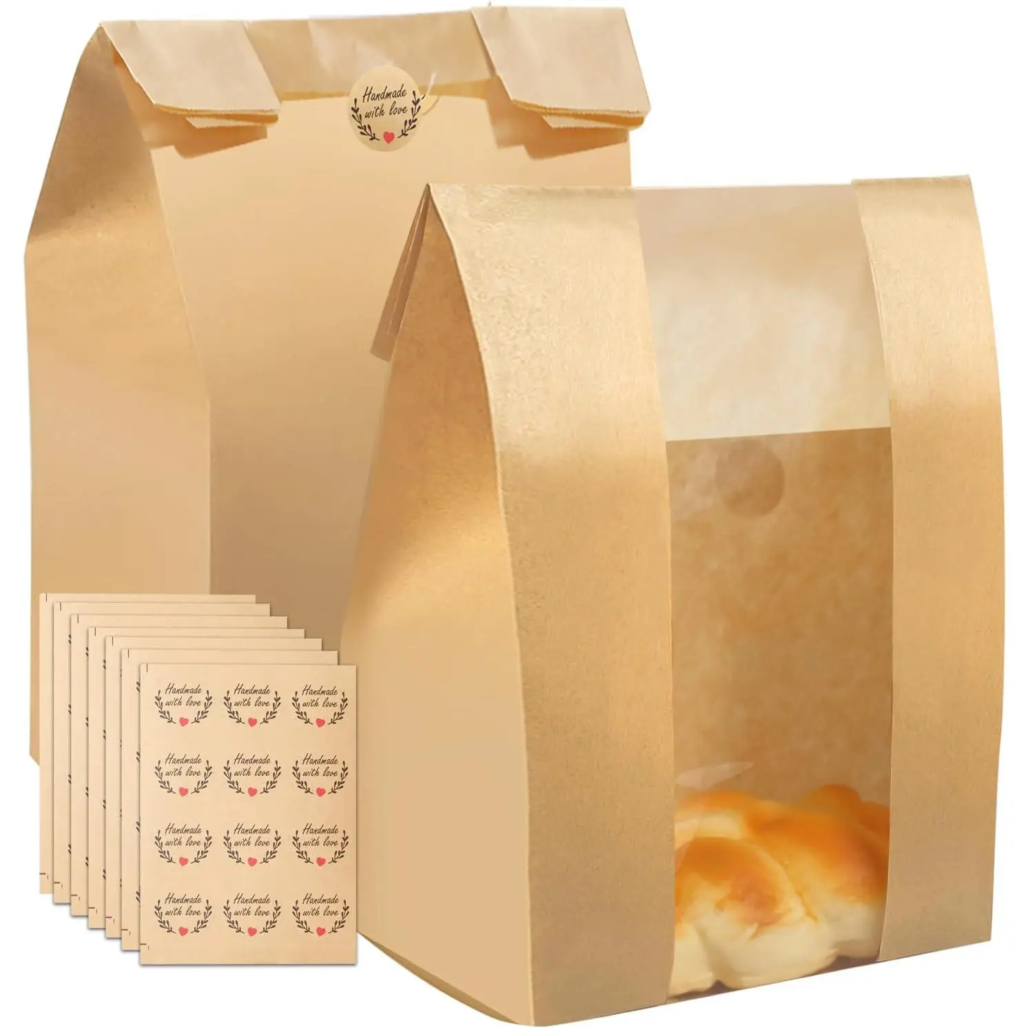 150 Pcs Paper Bread Bags with Clear Window for Homemade Breads 14 x 8 x 3.5 inch Kraft Paper Bakery Bags with 3 Styles Stickers for Sourdough, Loaf, Cookie, Sandwich Packaging